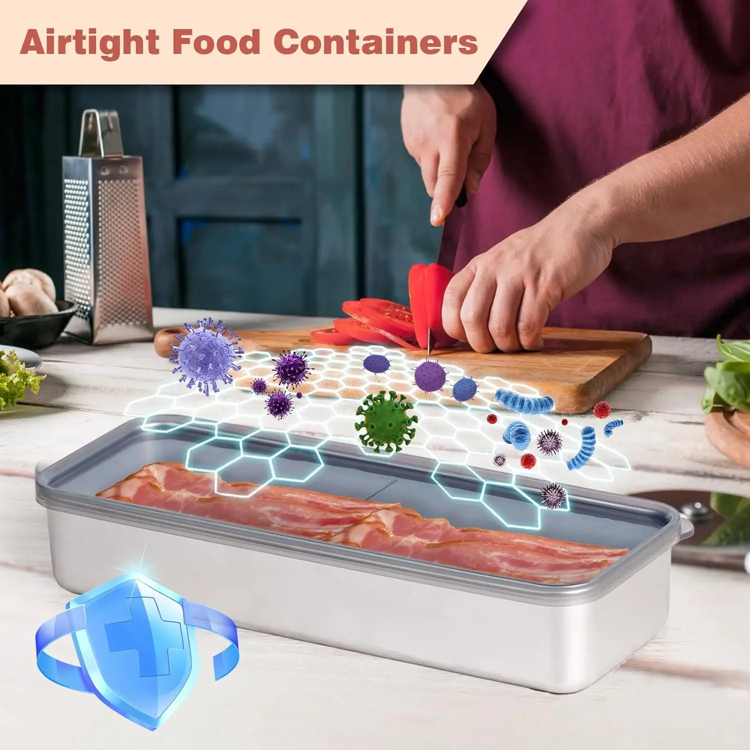 1000ml 33oz Airtight Long Deli Meat Box Steel Food Storage Container with PP Lids Stainless Steel Bacon Container