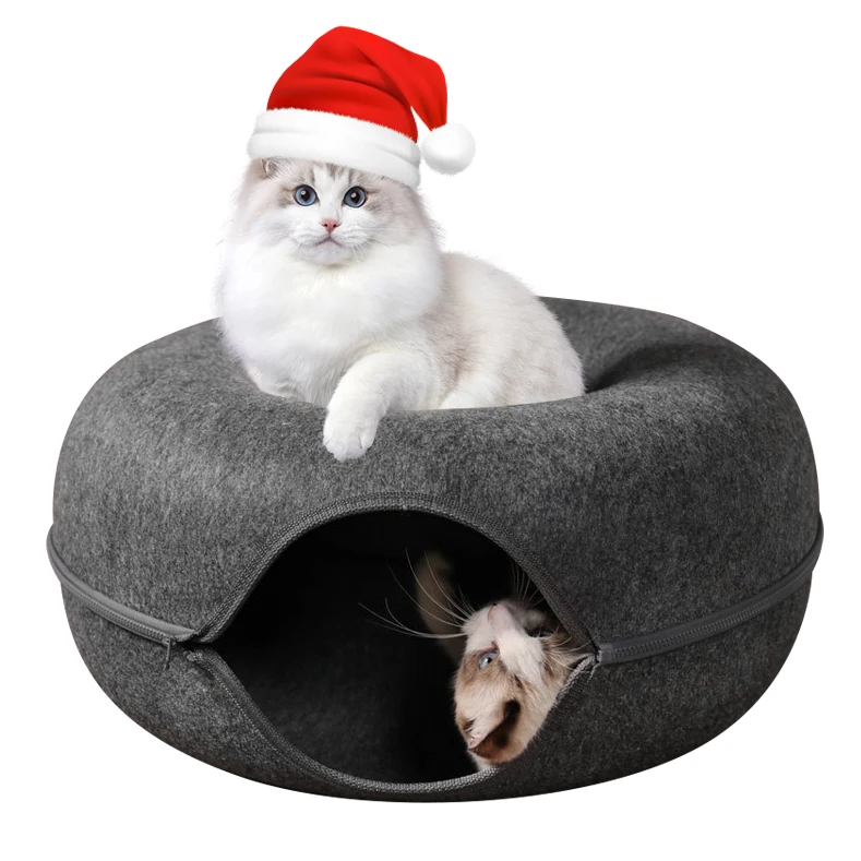 Wholesale Donut Shaped Cat Cave Hard Felt Cat Donut Tunnel Bed Factory Bag Cat Nest