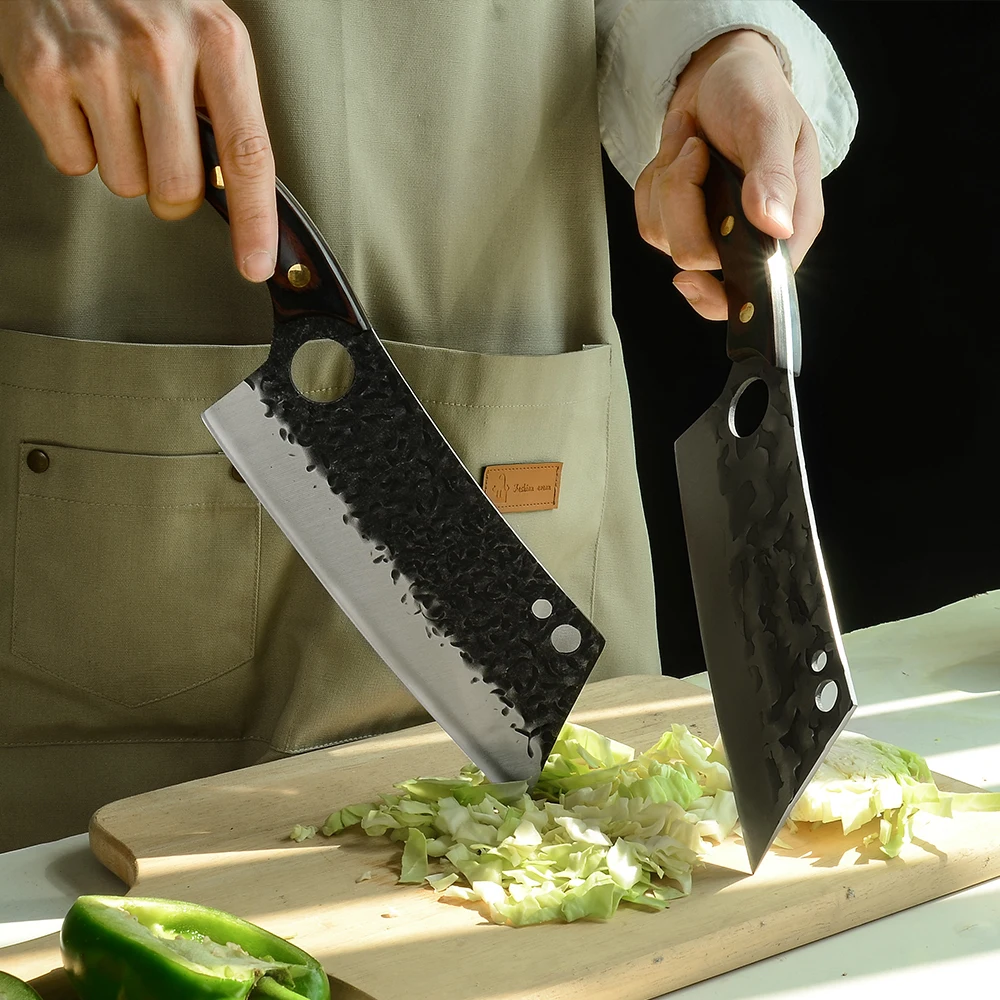 Xingye Custom 7.5 Inch Full Tang Wooden Handle Hammer Finish Non-stick Meat Cleaver Square Metal Chef Fruit Vegetable Knife