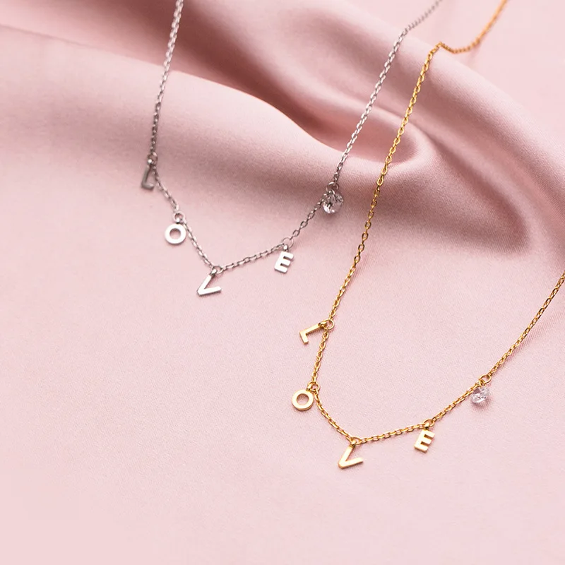 925 Sterling Silver Zircon LOVE Letter Charm Necklaces for Women Fashion Jewelry