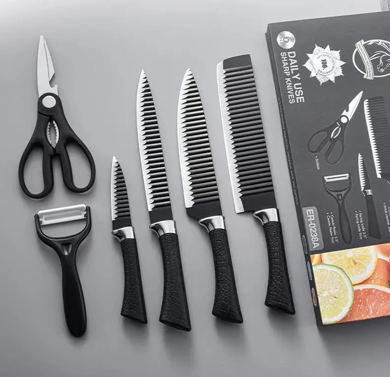 Wholesale Price Black wavy six-piece knife set 238A stainless steel kitchen knife set foreign trade color box gift box