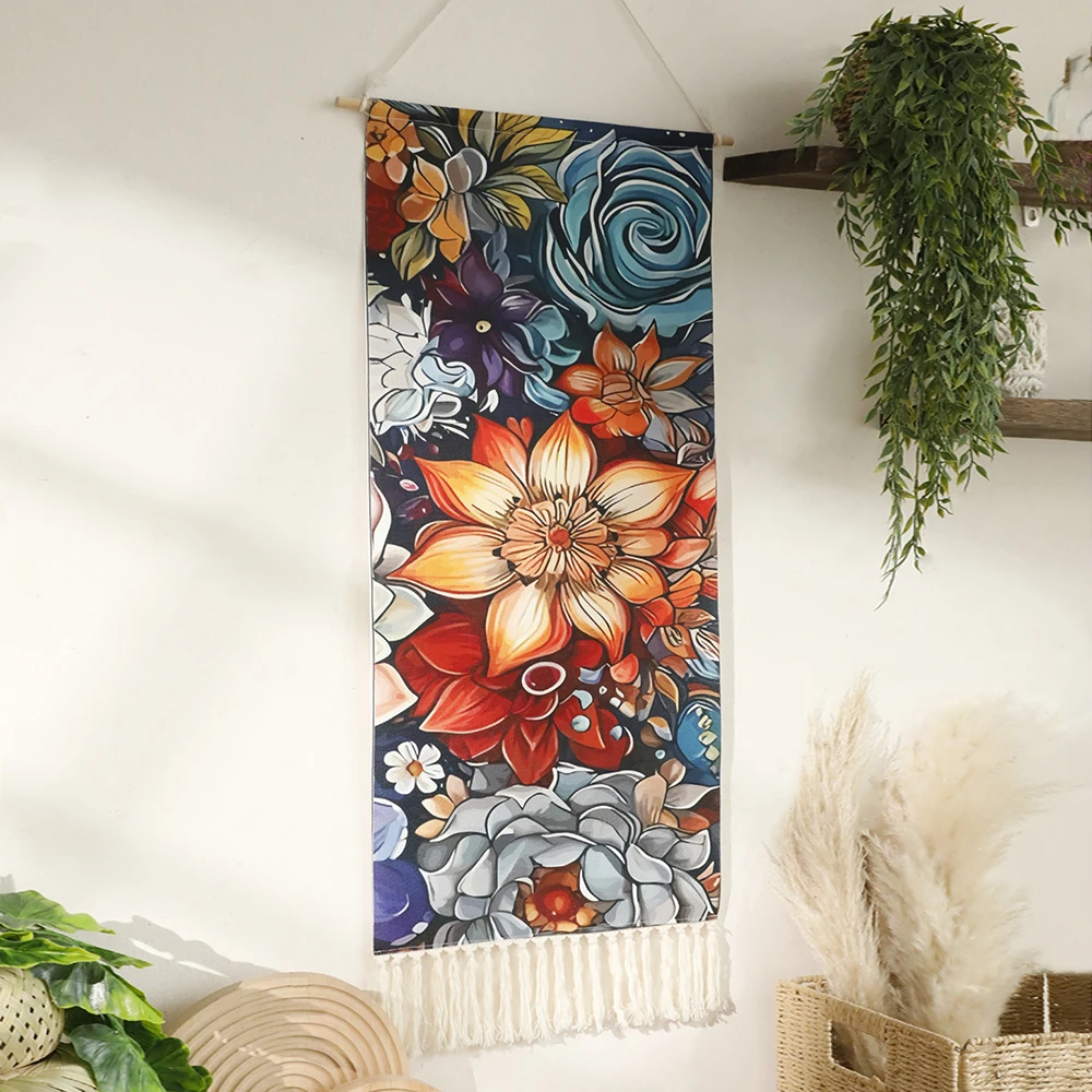 Boho Tapestry Wall Hanging Flower Tapestry With Fringe Narrow Vertical Hanging Wall Art Living Room Home Decor
