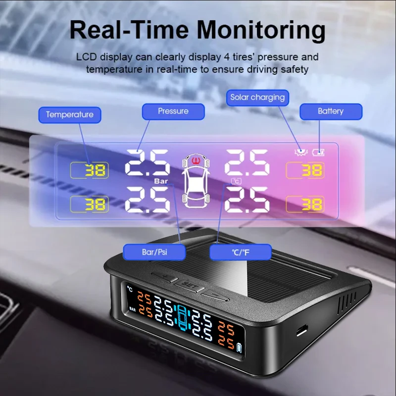 Wireless Tire Gauges Dashboard Windshield Car Tire Pressure Monitor System USB Solar Rechargeable TPMS