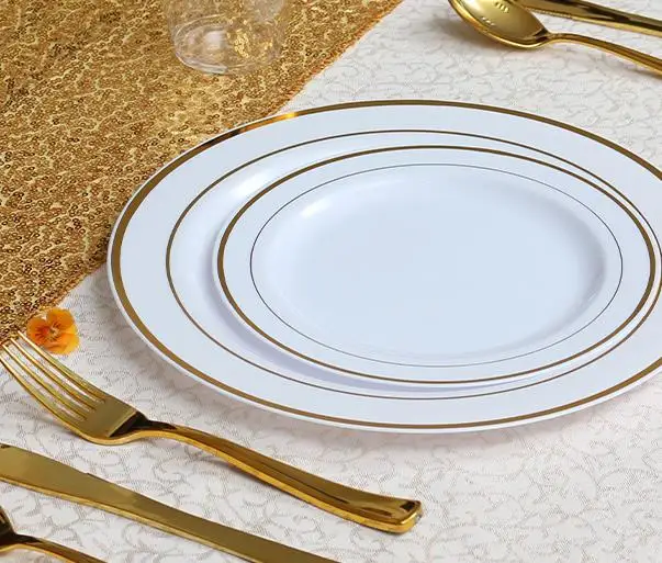 White and Gold Charger Plates Round High Quality hot stamping Disposable plastic Western food party dinner wedding
