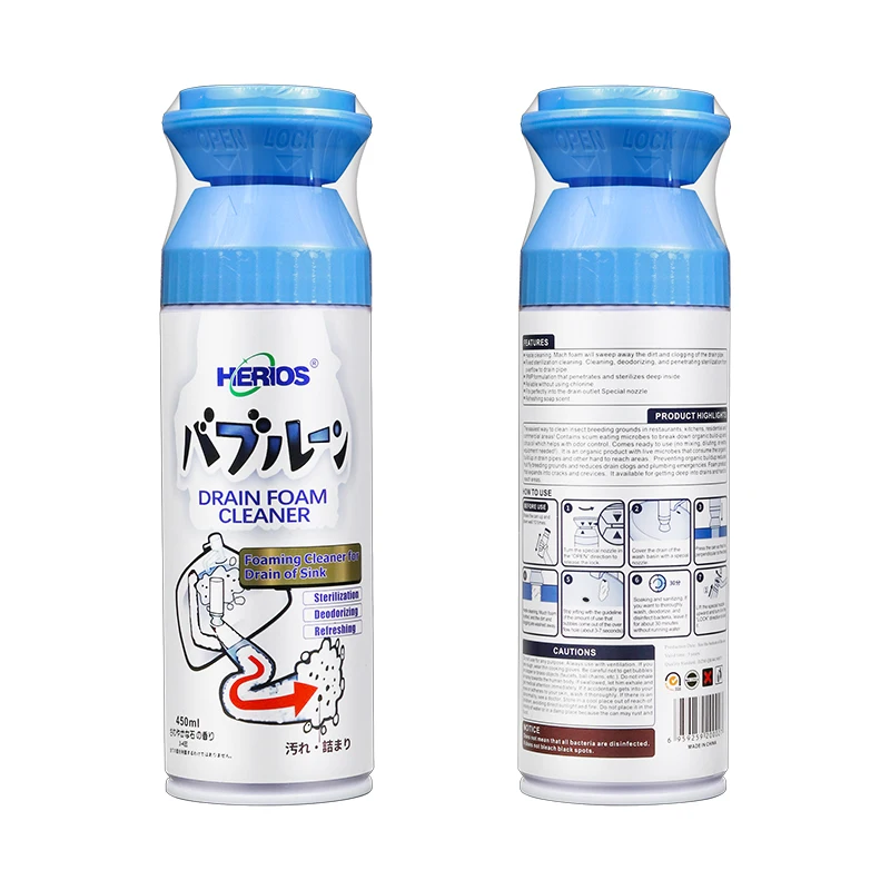 450ml Herios Wholesale Kitchen Bath Toilet Drain Pipe Cleaning Sink Drain Foam Cleaner Spray For Home Cleaning
