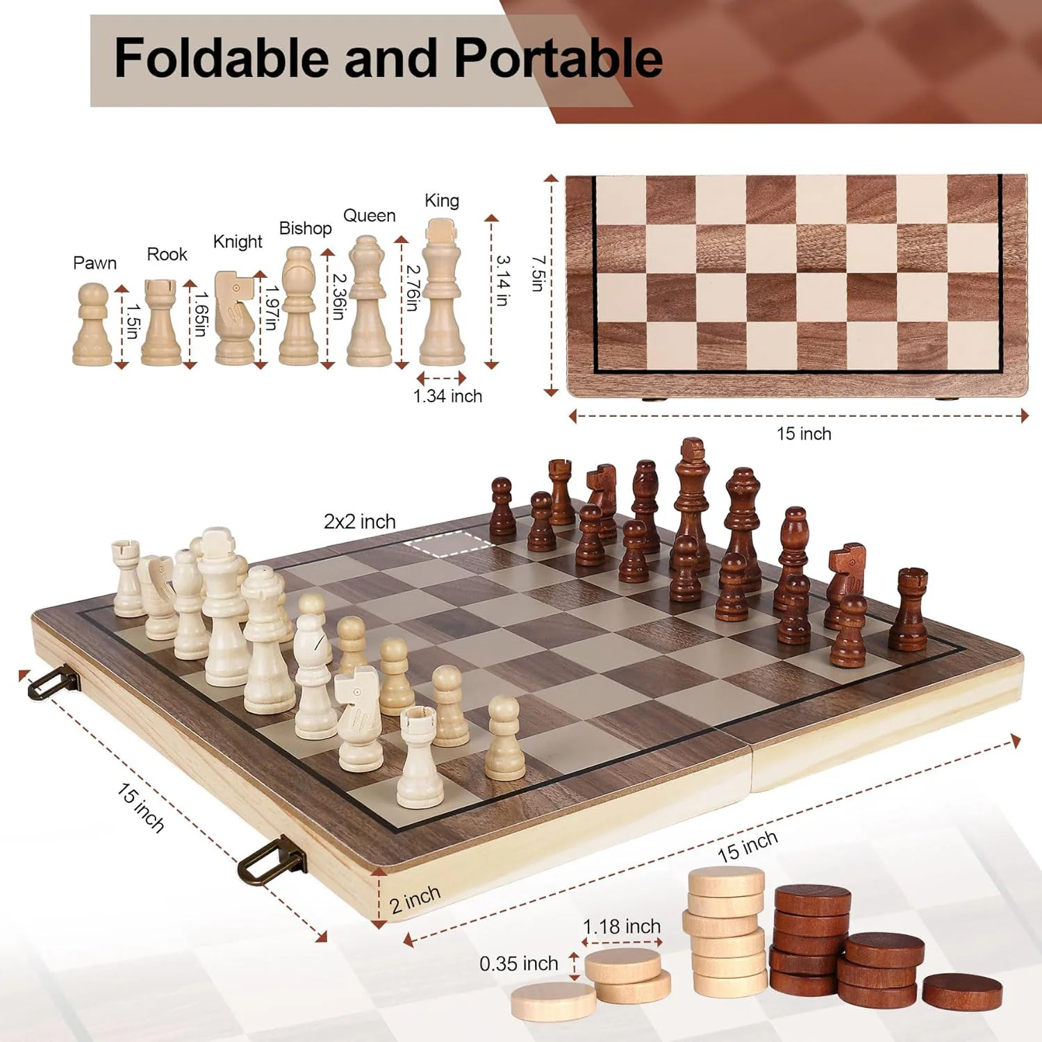 Foldable Wooden Chess Set Board Chess Checkers Set with 2 Extra Queens Wooden Chess Sets
