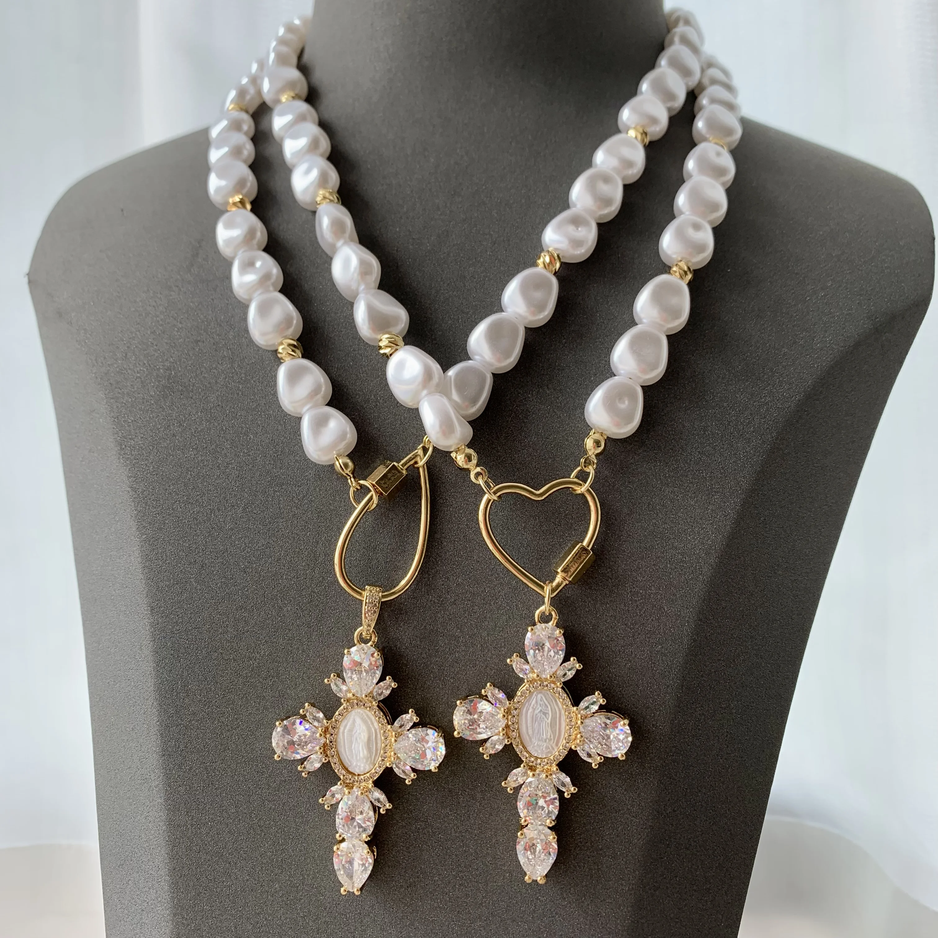 LS-L3292 Beautiful pearl necklaces women men fine jewelry gold clasp necklaces cubic zircon cross Virgin Mary necklaces