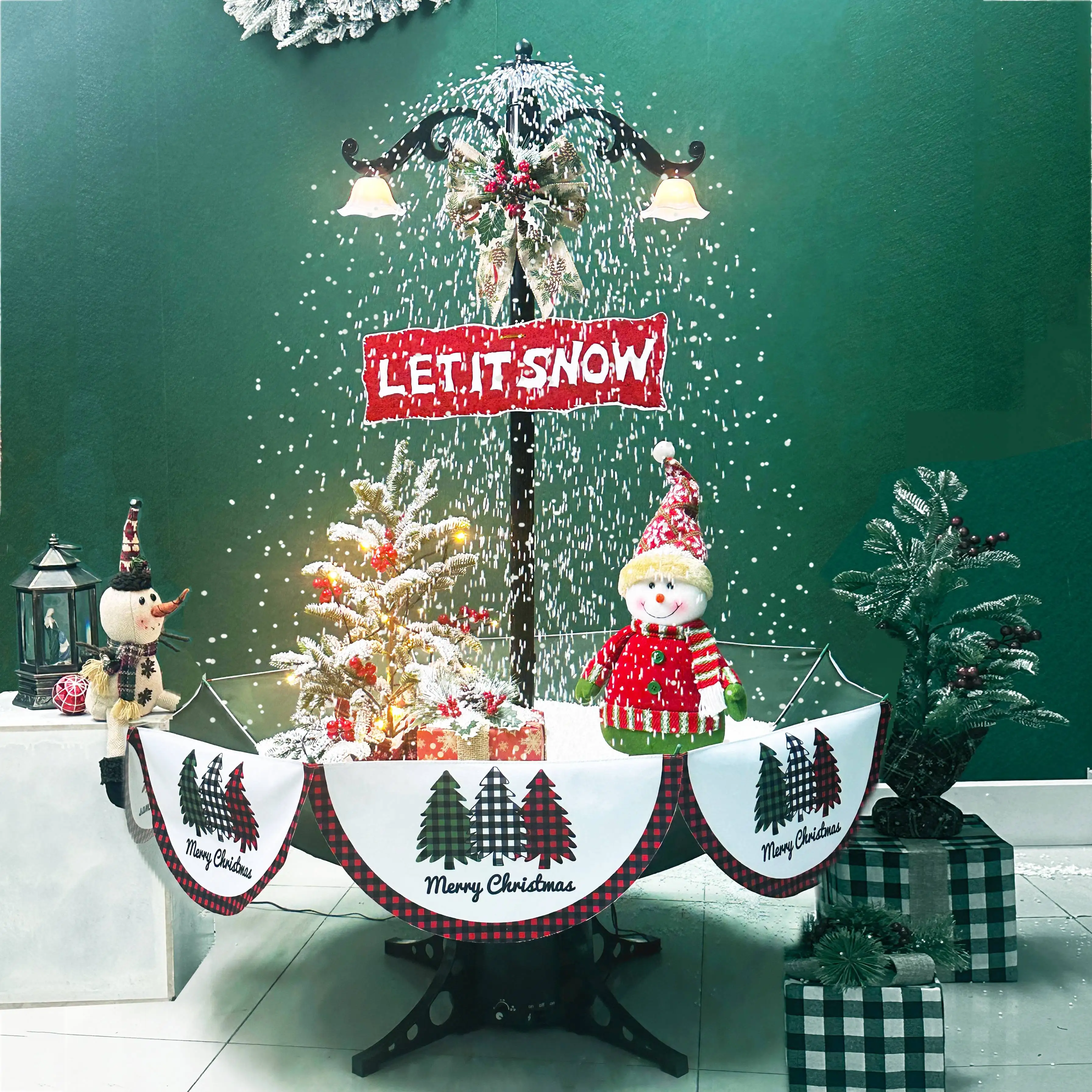 Led Falling Snowing Green Snowman Christmas Tree Growing With Umbrella Base