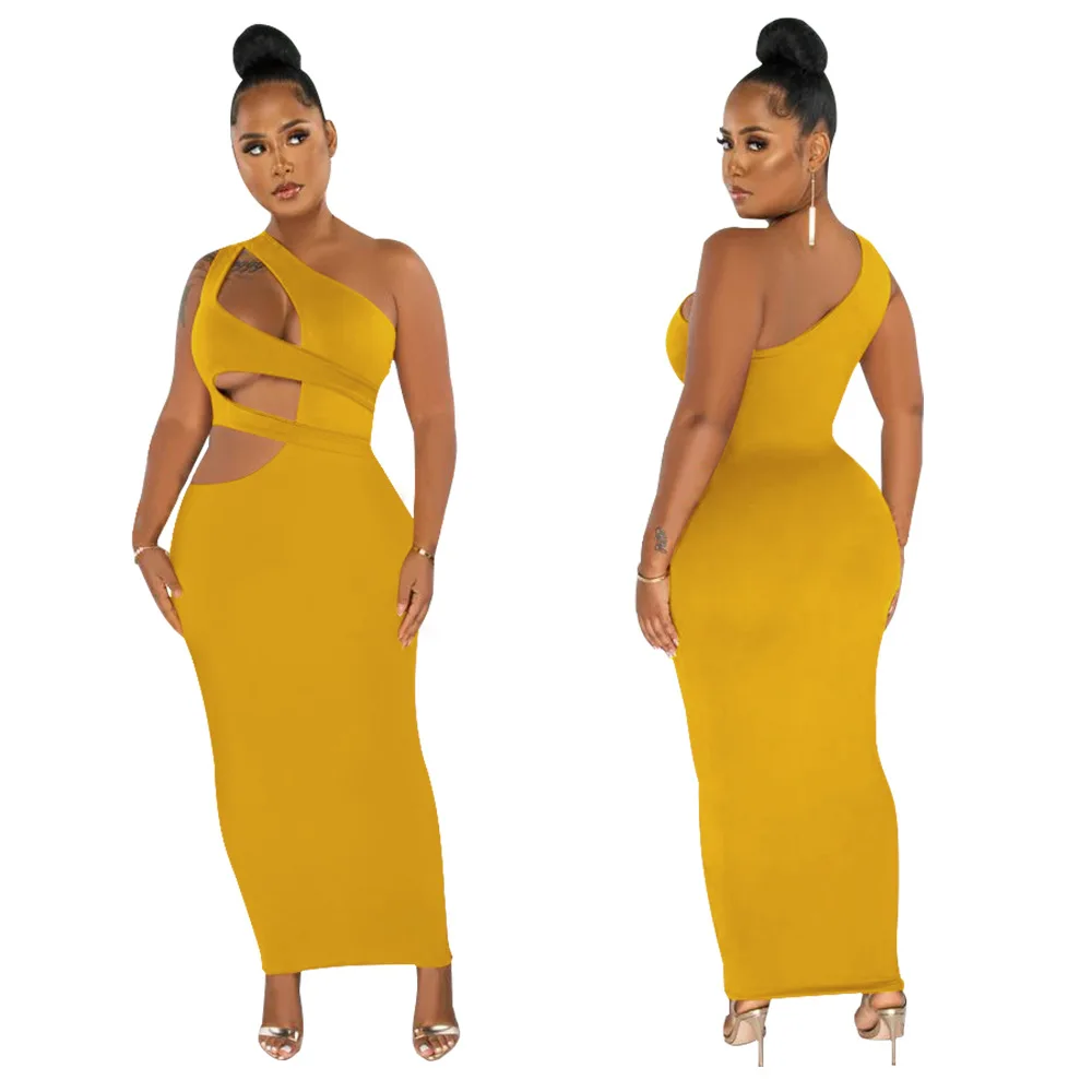 ZIYA A09S45 Oblique Shoulder Hollow Out Sexy 4 Colors Plus Size Bodycon Dress