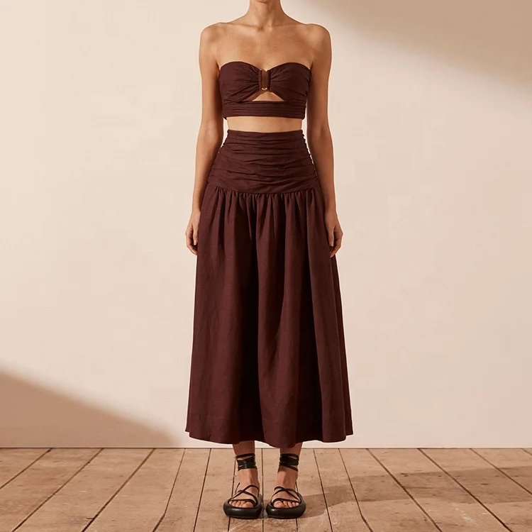 Wholesale women linen dress elastic waist leisure wear summer elegant 100% cotton linen blend A line dresses