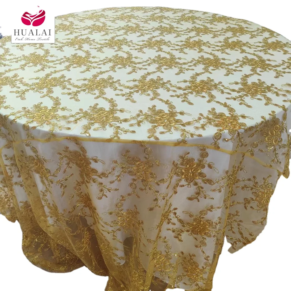 gold and silver metallic  embroidery design tablecloth fabric  320 cm round table cloths for wedding party sequin 120 round