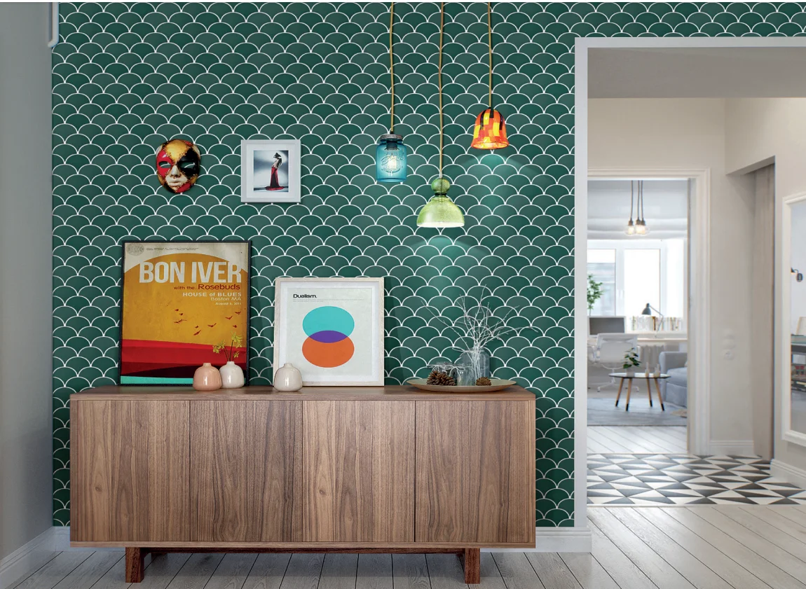 glazed green color fan tile wall decoration fish scale shape for hotel washroom OEM high quality gloss porcelain