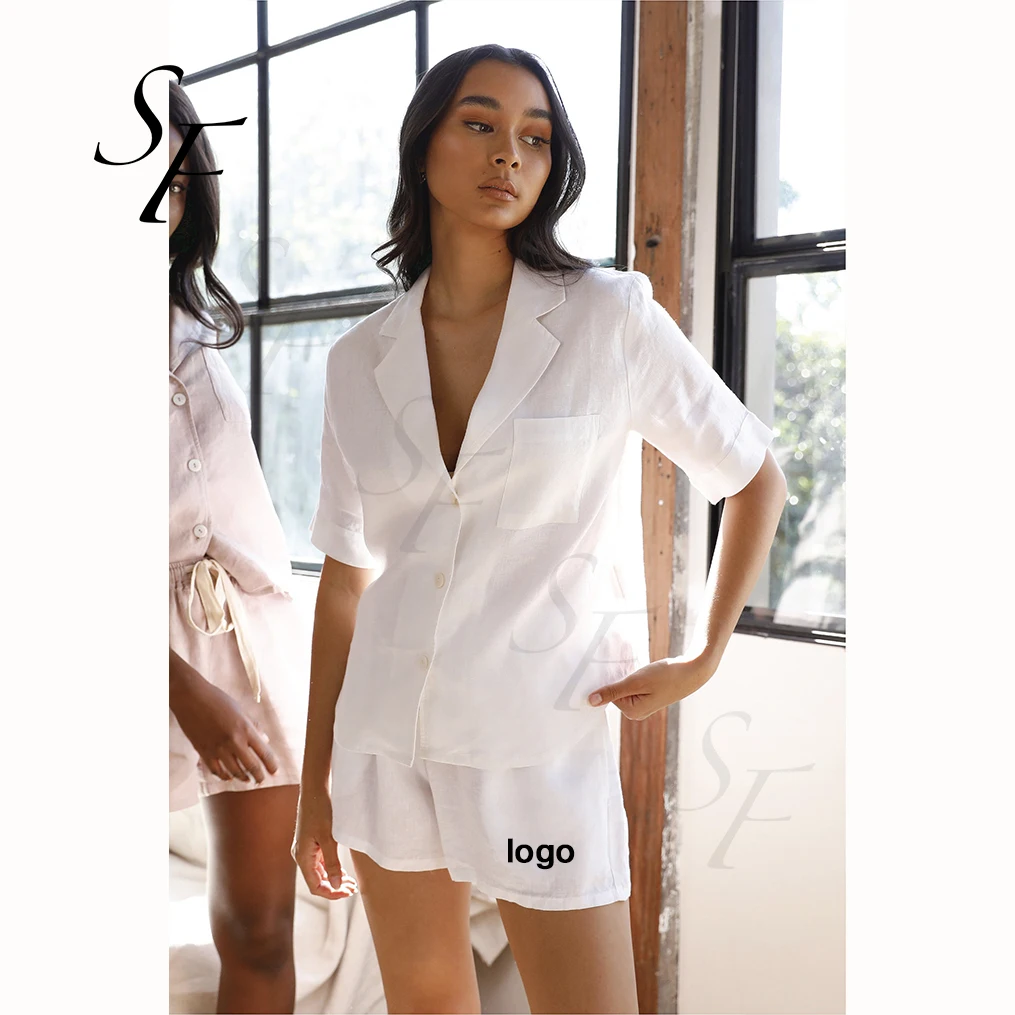 Custom summer sleepwear cotton linen pajama set 2 piece sleep wear sets nighty for ladies night suits lounge wear women