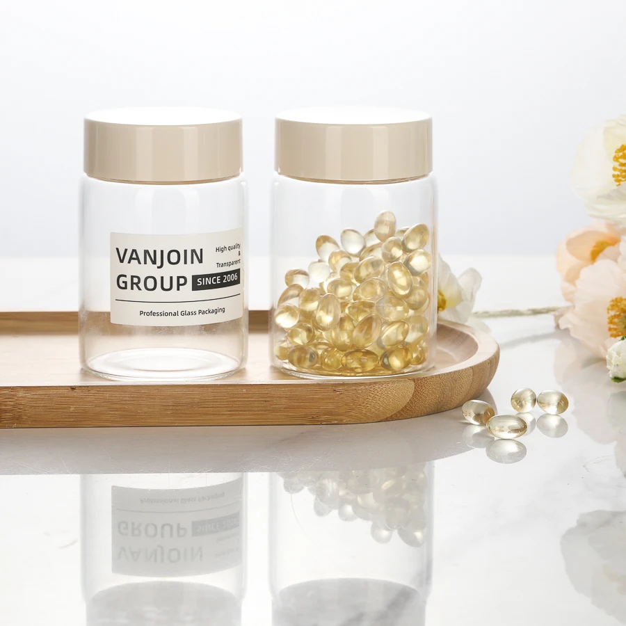 Clear Round High Borosilicate 200ml Health Care Tablets Pharmacy Glass Supplement Capsule Storage Jar with Screw Plastic Lid