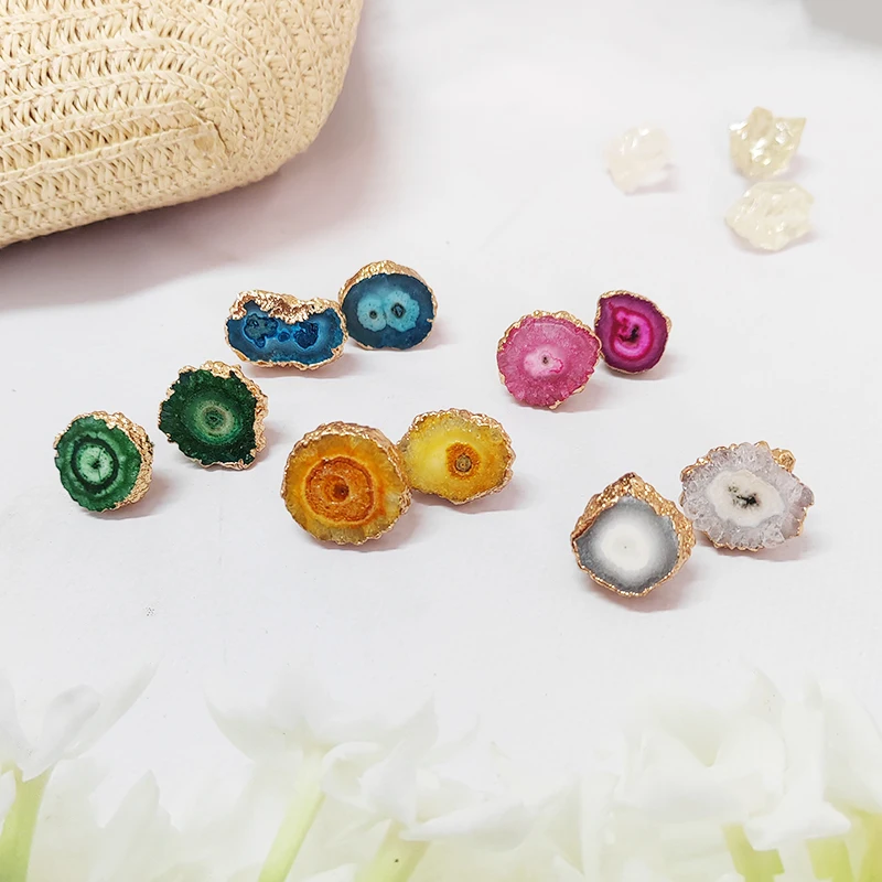Zooying Vintage Natural Quartz Druzy Stone Large Raw Crystal Agate Stud Gold Plated Stone Earring For Women