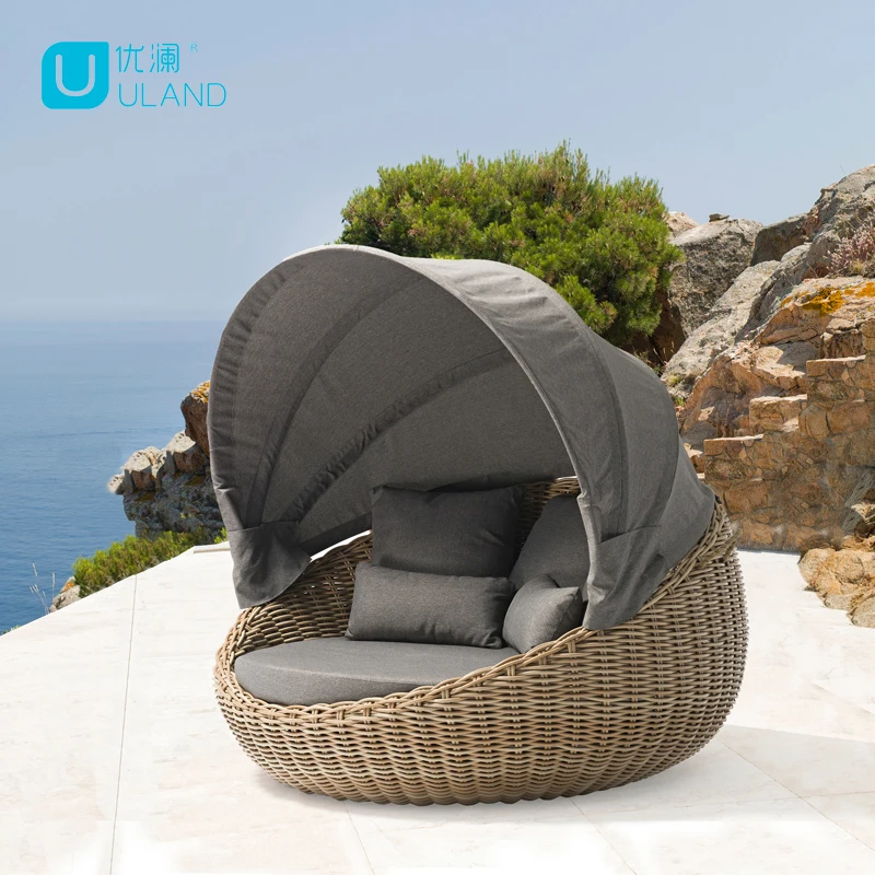 Uland Rattan Big Lounge Aluminum Patio Wicker Round Sun Bed Lounger With Canopy For Swimming Pool Garden Hotel Day Bed