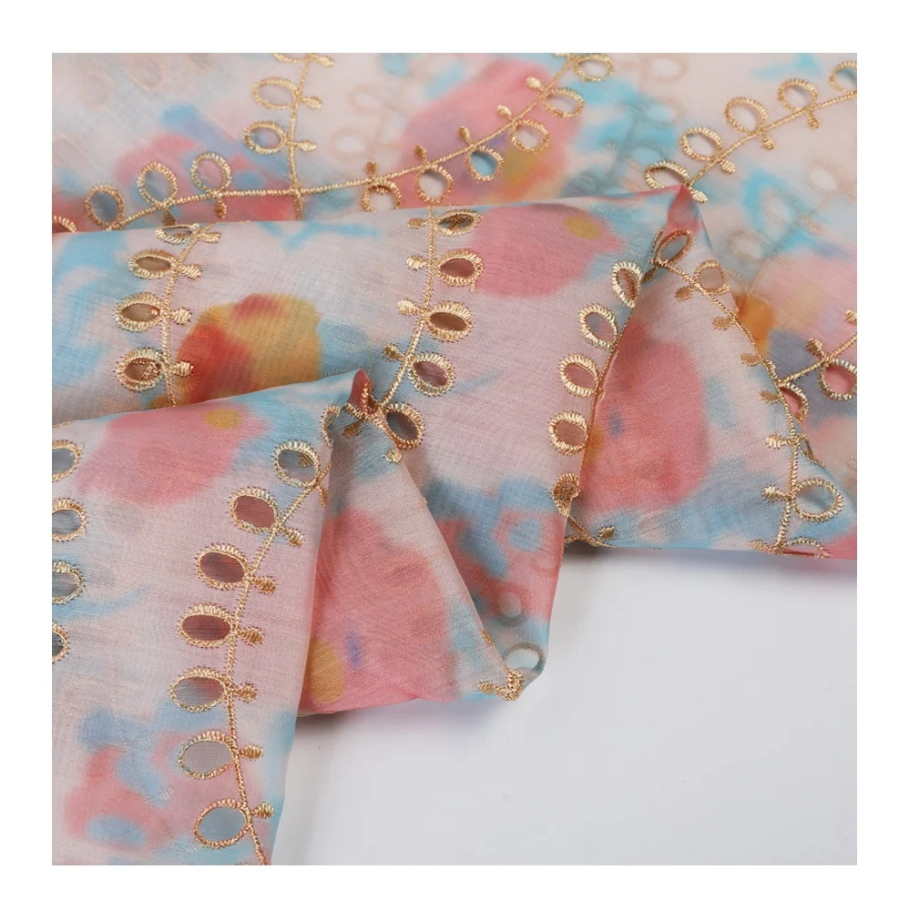 Luxury Metallic Thread 100% polyester printed eyelet embroidery fabric for summer dress