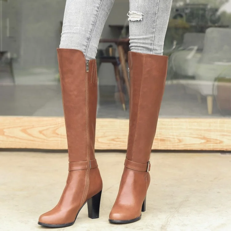 Solid Ankle Buckle Pointed Toe Side Zip Women Knee High Boots Chunky Heel PU Upper High Booties Large Size 43 Boots