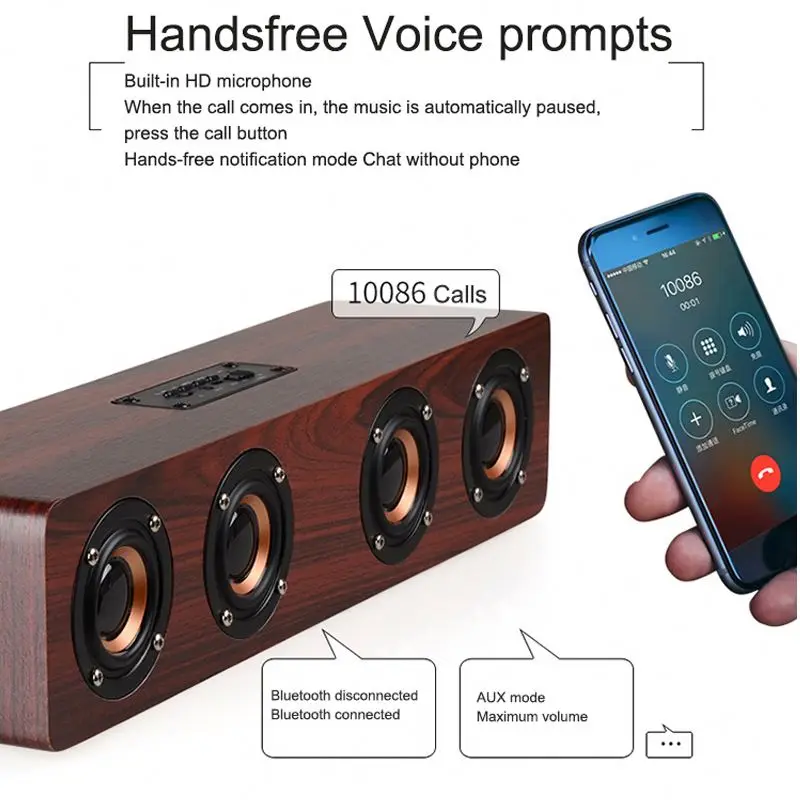HANMOSS Rate Power 12w Wooden Speakers Blutooths Wireless Speaker With Microphone Tf Card 3.5mm Jack Aux In