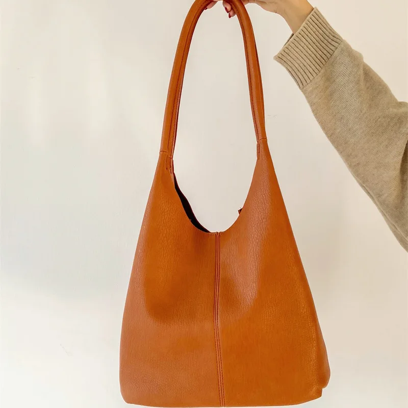 Women Fashion Pu Leather Handbag Retro All-match Shoulder Bag Simple Soft Surface Large Capacity Tote Bag