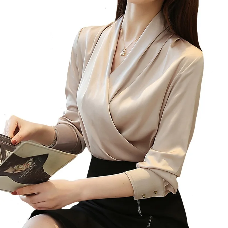Korean Fashion Clothing Long-sleeved Shirt V-neck Chiffon Blouse Solid Color Women Tops Blusa Feminina 8102#