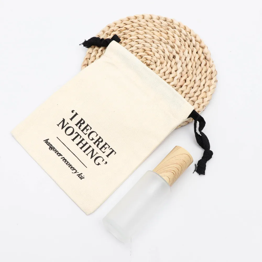 Eco-friendly Nature Canvas Cotton Drawstring Bag Packaging with Black Printing Customized Rope Handled