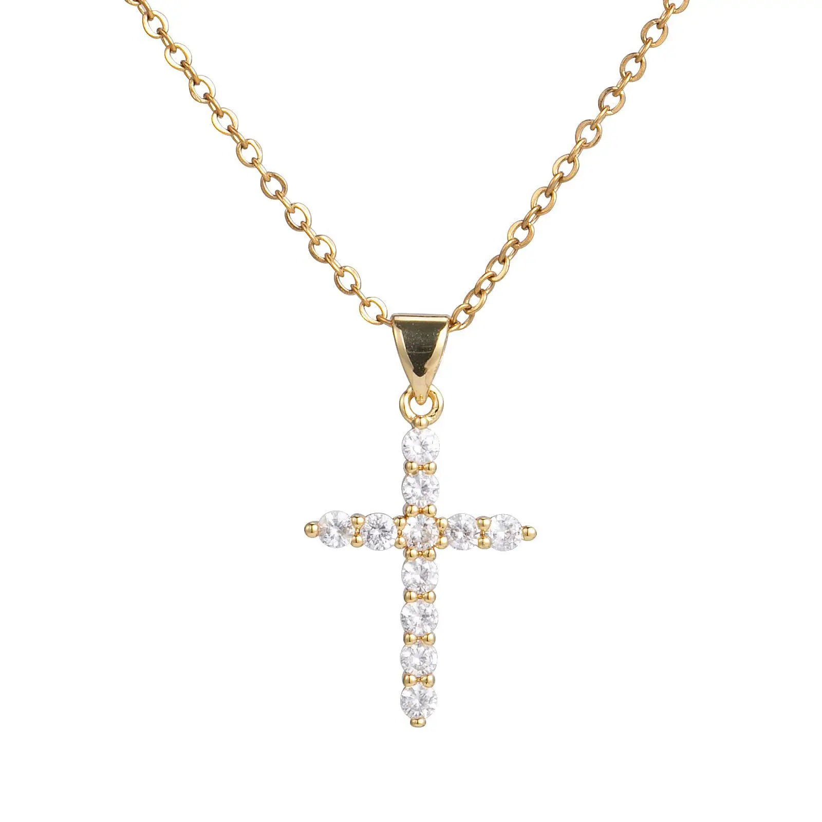 Brass Electroplate 18K Cross Zirconia Full Diamond Crown Circle Turn Pendant Ladies Necklace