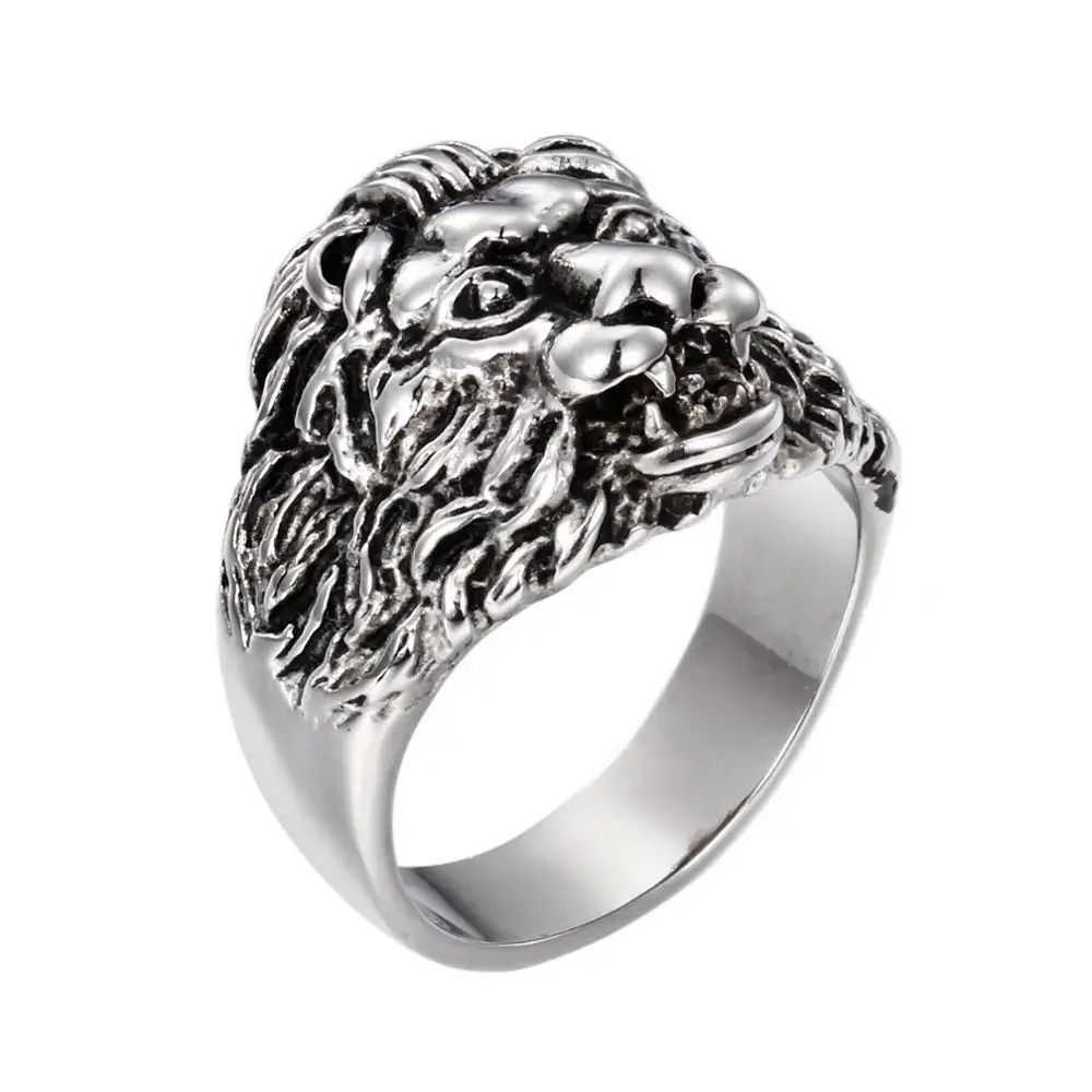 Stylish Plated 18K Gold Biker Finger Lion Head Ring, Wholesale Stainless Steel Lion Head Men Ring#