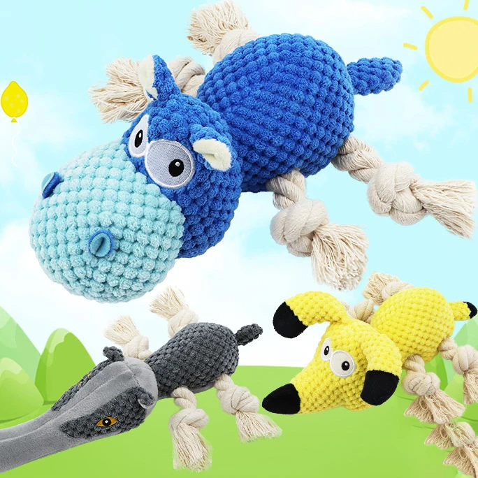 2022 Elf Dog Hippo Anteater Shaped Dog Plush Toys Squeaky Dog Chew Toys With Rope