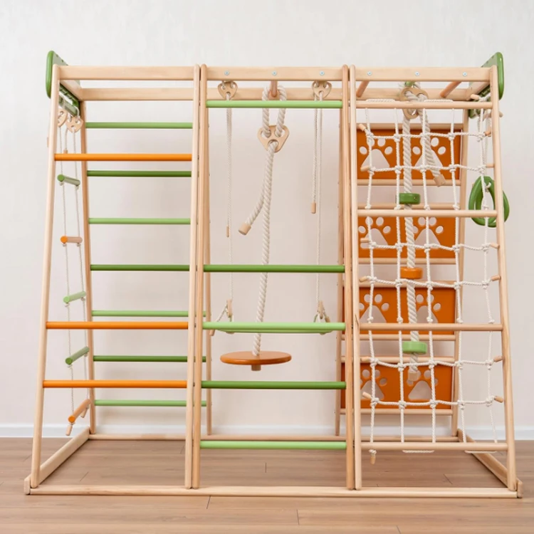 Indoor Wooden Slide and Swing set Wooden Indoor Climbing Frame Kids Playground Equipment wooden Climbing wall toys