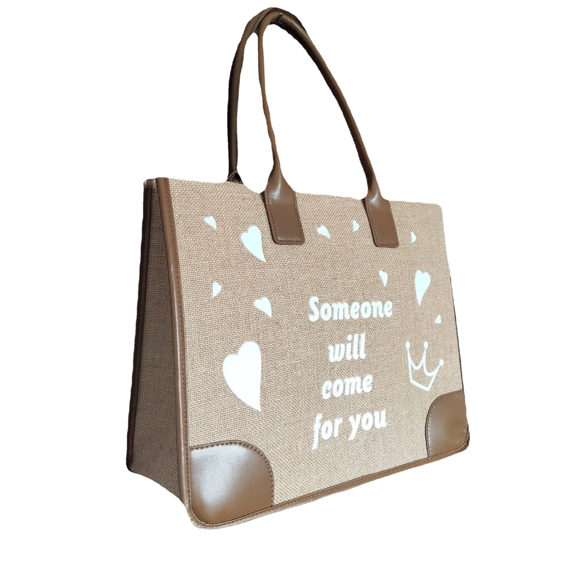 JAKIJAYI Blank/Logo Printed Leather Handle Friendly Recycle Custom Hemp Shopping Tote Jute Bag Wholesale