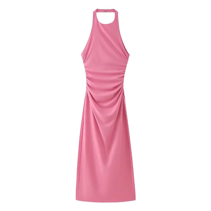 TAOP&ZA 24-4 spring new pink sexy pleated slim hip-covering halter neck midi dress for women