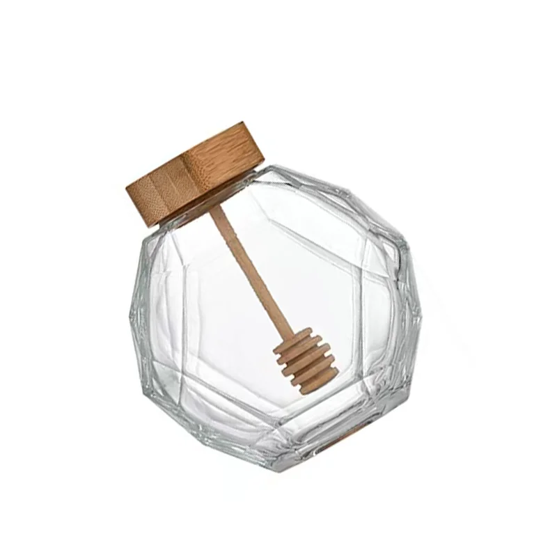 High quality 100ML 180ML 220ML 280ML 380ML Hexagon Glass Honey Storage Bottle Jar With Wooden Stick and black metal lid