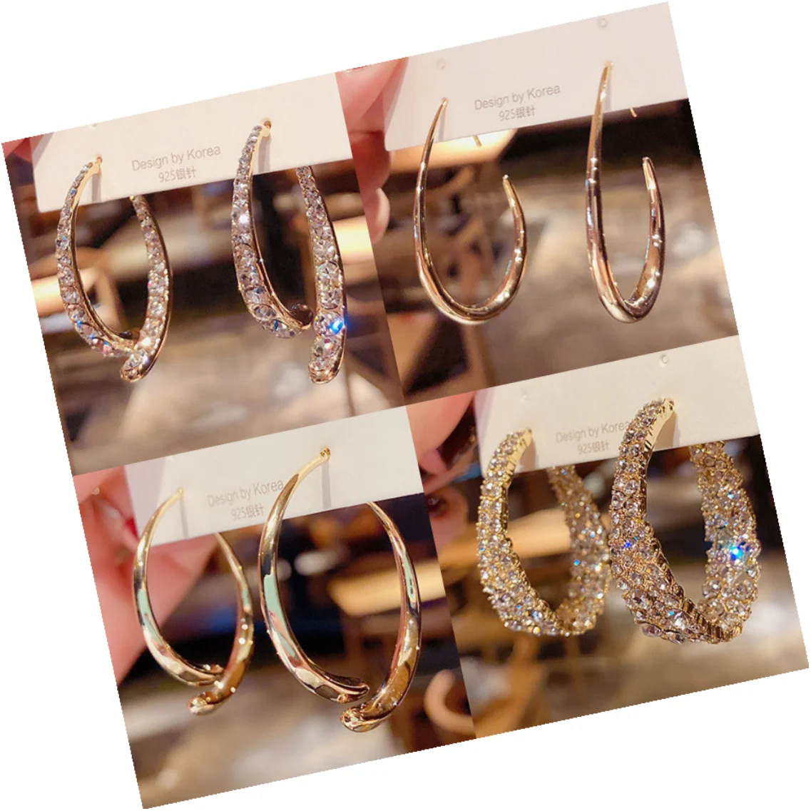 DAIHE Vintage Zircon S925 Silver Needle Exaggerated Big Hoop Earrings Women Girls Rhinestone Earrings