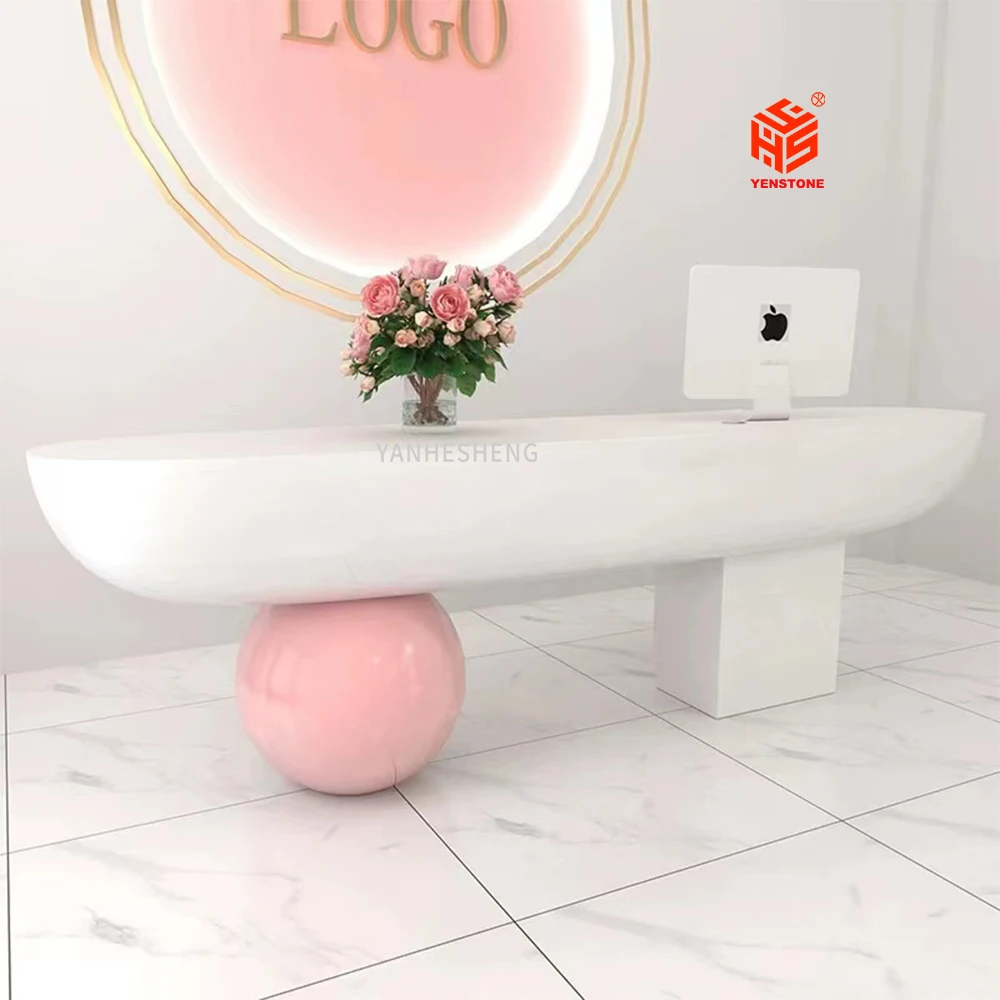 2022 salon pink Yenstone oem artificial stone beauty nail design modern front desk 1700 mm reception desk custom reception desk
