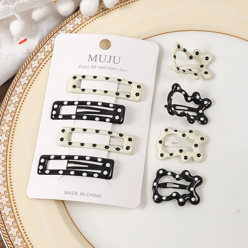 4Piece of Black and White Dots Hairpin Extra Value 4 Card Mounted BB Clip Premium Drip Hair Clip Side Fringe Clip
