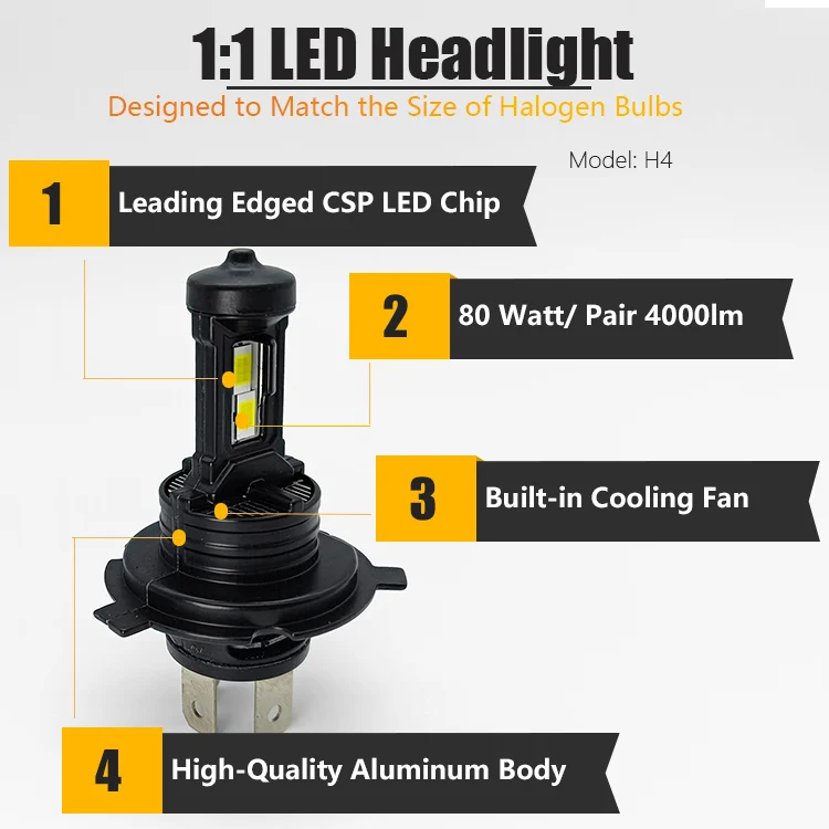 OEM Universal Car SUV Truck 80w 4000lm Plug and Play H4 Ultra Bright High Low Beam LED Headlight Bulb