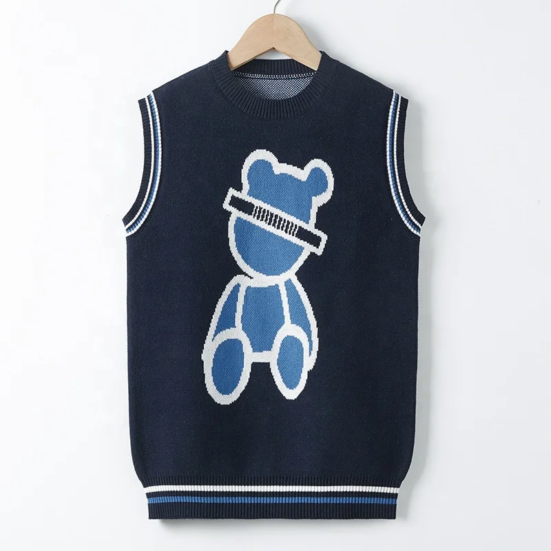 
accept OEM ODM design bear patterned child crew neck sleeveless sweater vest 