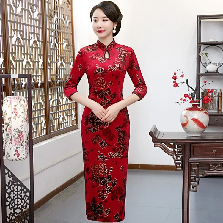 Элегантное китайское традиционное вечернее платье Qipao с вышивкой и цветочным принтом элегантное Восточное ретро-платье длинными рукавами до локтя