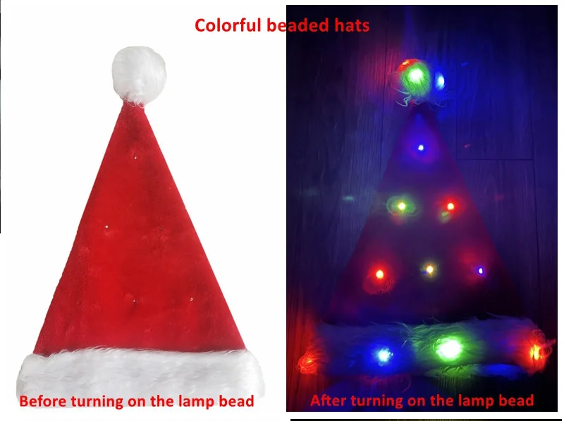 LED Light Up Xmas New Year Christmas Hat Festive Holiday Party Supplies Unisex Velvet Santa Hat for Adult Kids