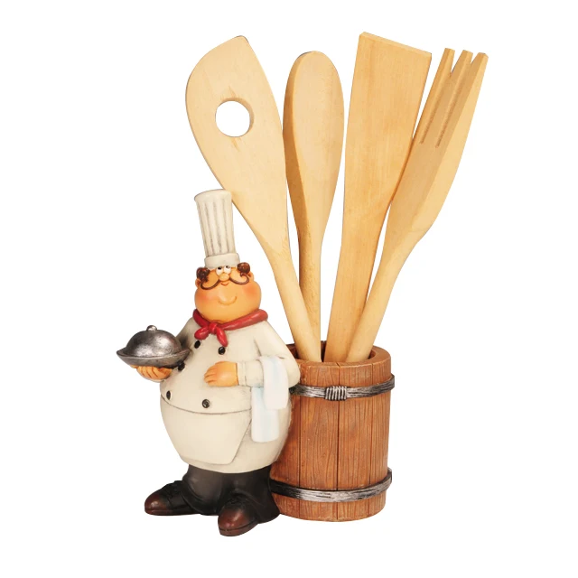 
Wholesale resin figurine for table deco polyresin chef with wood utensil holder resin chef statue utensil holder 