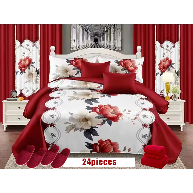 Набор постельного белья из 24 предметов, с цветочным узором, красная Свадебная Рождественская простыня, хлопковое покрывало со шторами
