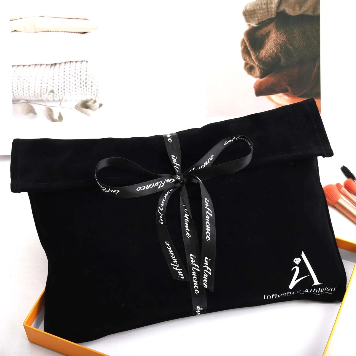 Custom Logo Ribbon Printing Black Velvet Envelope Dust Bag For Wallet Handbag Reusable Gift Jewelry Dust Flap Velvet Pouch