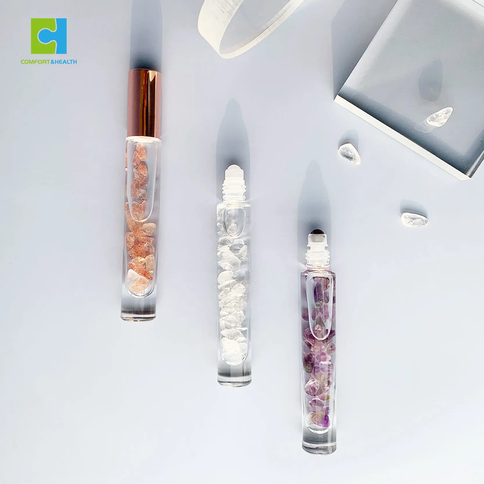 Custom Logo 10Ml 15Ml Rose Gold Lid Essential Oil Natural Crystal Gemstone Roller Bottle