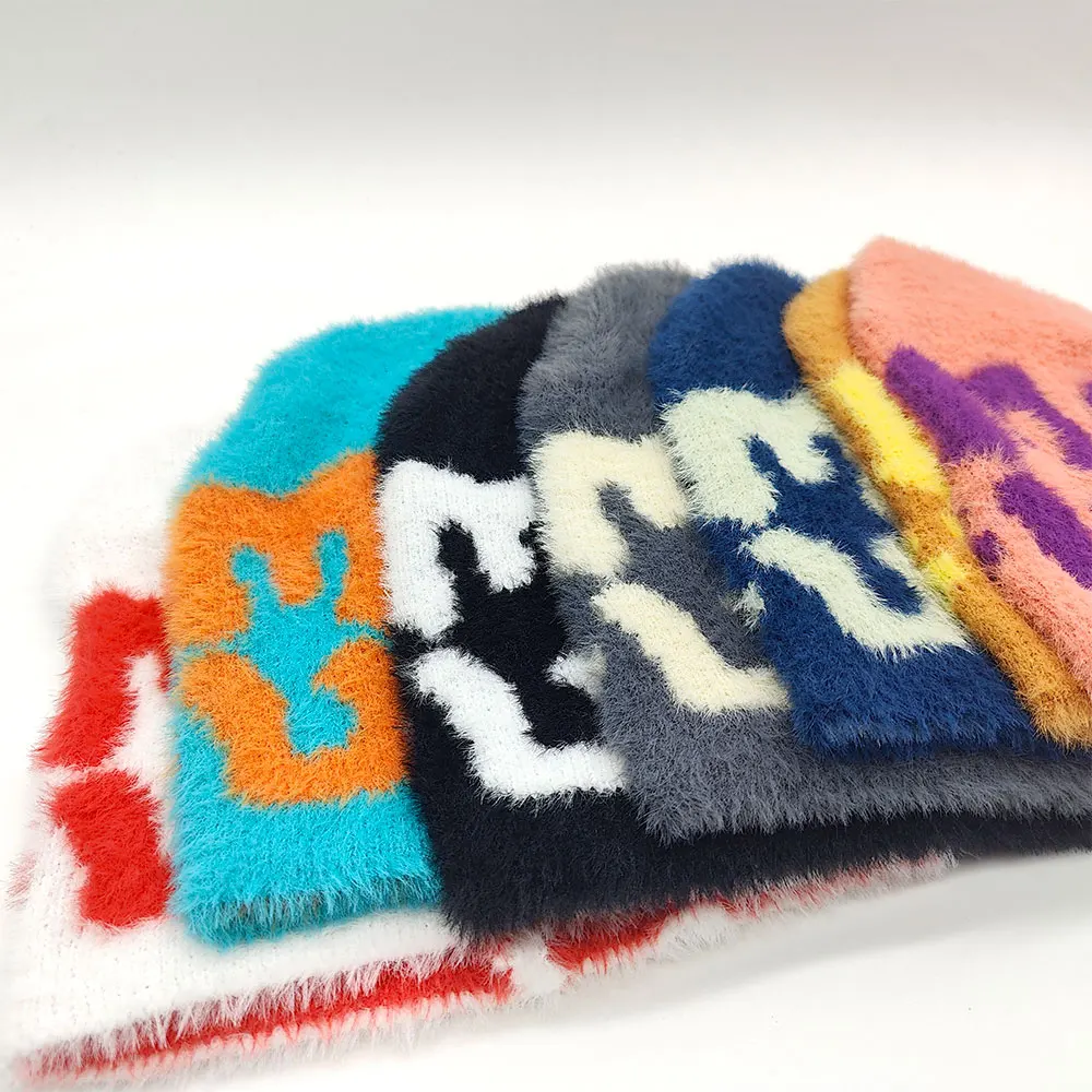 High Quality Jacquard Custom Logo Mohair Knit Winter Y2k Wool Fuzzy Mea Culpa Beanies