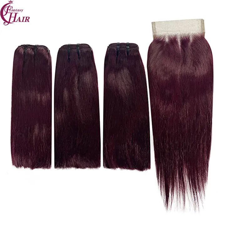 FH Double Drawn 3 Human Hair Bundle with Closure Set  4x4 Straight  Lace Closure 100% Real Hair 99j Colored Machine Weft