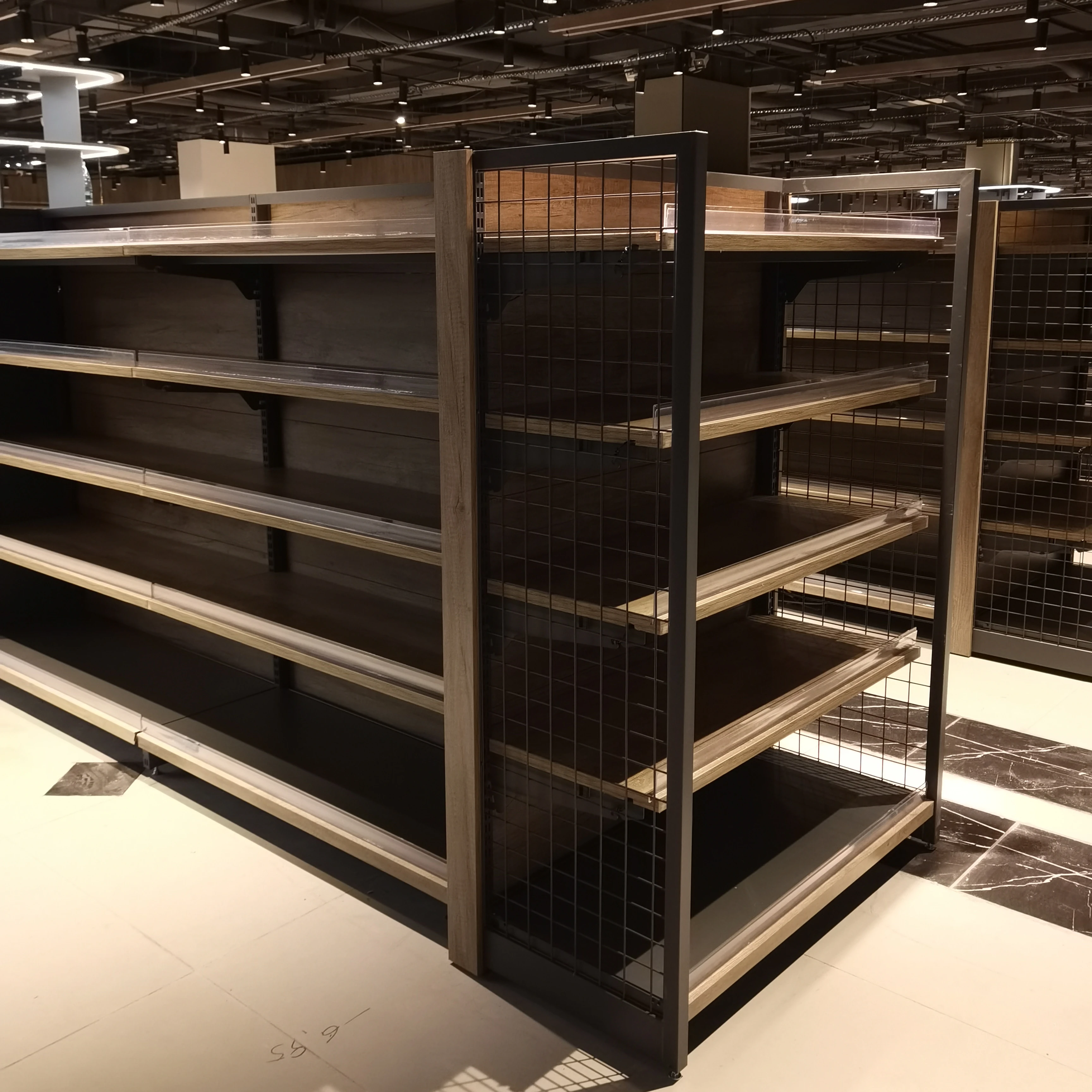 Pangdonglai Customized Heavy-Duty Steel Gondola Shelving Wood Color Display Stand Supermarket Store Equipment Commercial Rack