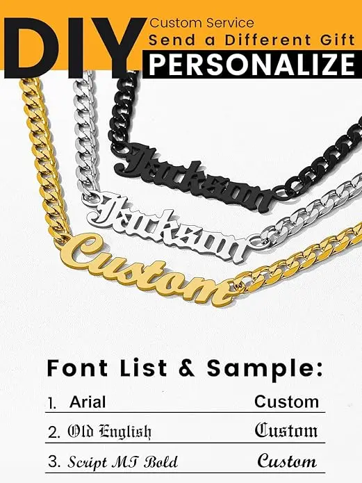Name Necklace Personalized for Men, Womens  Name Plate Chain,  Customized Old English Nameplate Choker with Curb Chains Custom,