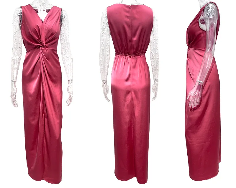 New Arrivals Front Twist V Neck Sleeveless Leg Slit Satin Dress Blue Evening Dresses