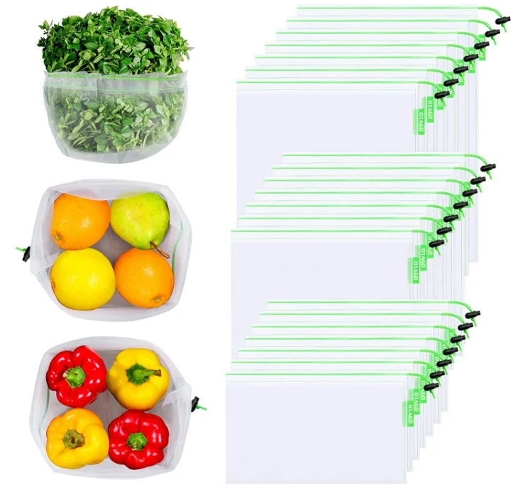 
Wholesale Recycle RPET Reusable Drawstring Vegetable Fruit Mesh Bag 